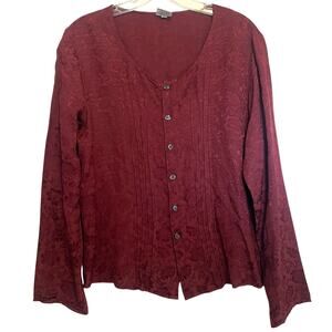 CP Shades Burgundy Button Top Womens Small Pleated V-Neck Tonal Floral Print